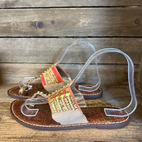Womens Sam Edelman Gideon Brown Beaded Suede Leather Sandals Shoes Size 6 M GUC - Picture 2 of 6
